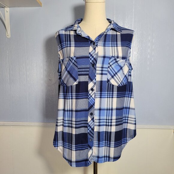 Unbranded Medium Blue White Plaid Collared Sleeveless Button Front Tank Top - Picture 1 of 8